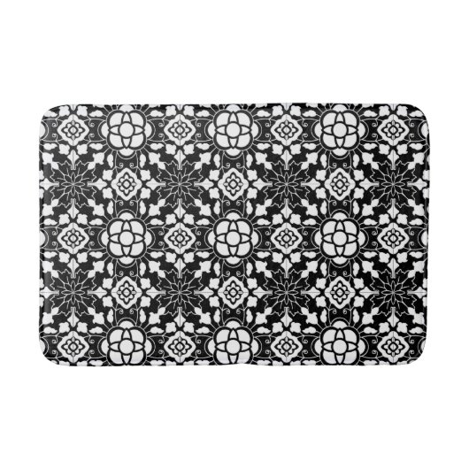 Tapis De Bain Tuile marocaine florale, noire et blanche (Devant)