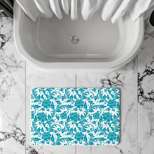 Tapis De Bain Turquoise and White Floral Damask Pattern