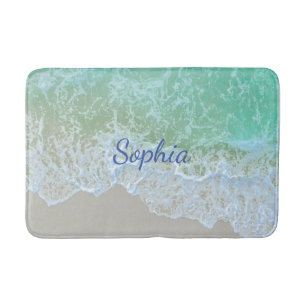Tapis De Bain Turquoise Beach Wave, Blue Script Name ou Monogram