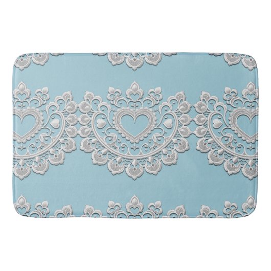 Tapis De Bain Turquoise Bleu Blanc dentelle Coeur Mariage (Devant)