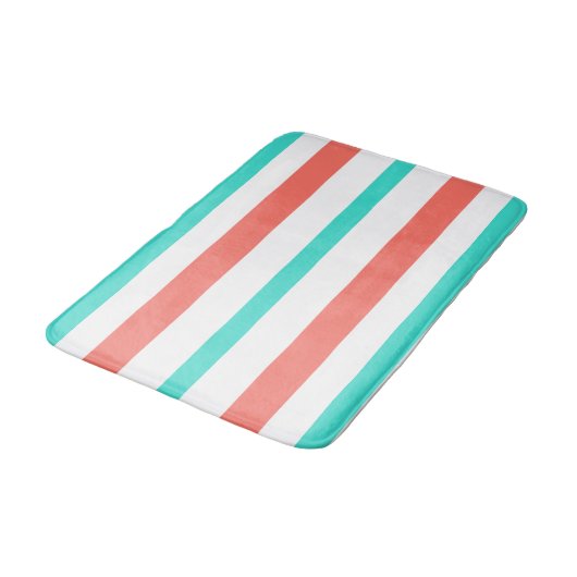 Tapis De Bain Turquoise Coral White Summer Stripes (Angle)