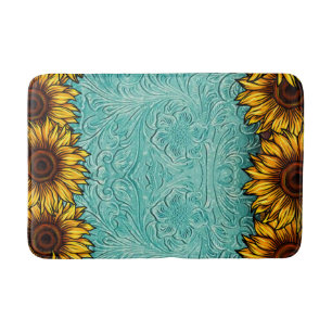 Tapis De Bain Turquoise Leather Tooled Bright Sunny Sunflowers