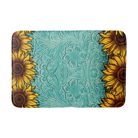 Tapis De Bain Turquoise Leather Tooled Bright Sunny Sunflowers (Devant)