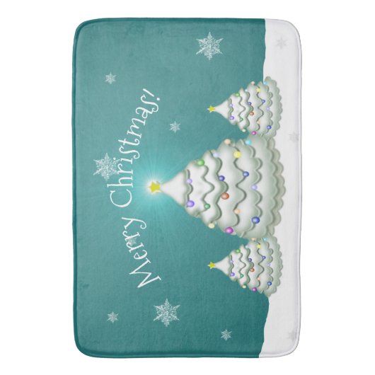 Tapis De Bain Turquoise Snowy Christmas Tree Bath Mat (devant Vertical)