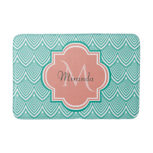Tapis De Bain Turquoise Vert Art Déco Poissons Écailles Rose Mon