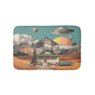Tapis De Bain UFO surréaliste au-dessus d'une maison rustique