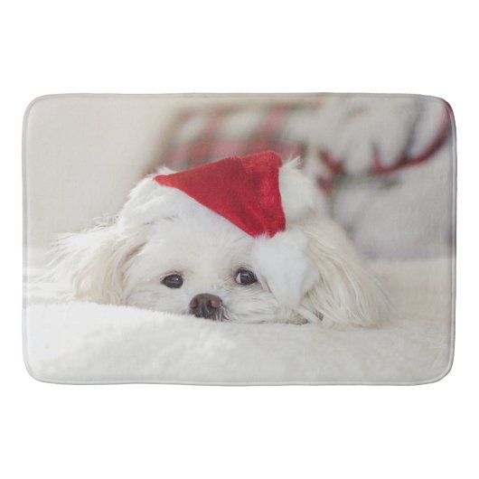 Tapis De Bain Un mignon chien blanc dans un Casquette de Noël ro (Devant)