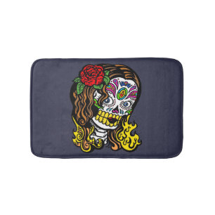 Tapis De Bain Une femme au crâne de sucre Rose dans les cheveux