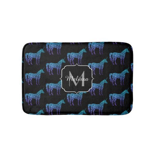 Tapis De Bain Unicorn Sparkles aqua blue ombre motif Monogramme (Devant)