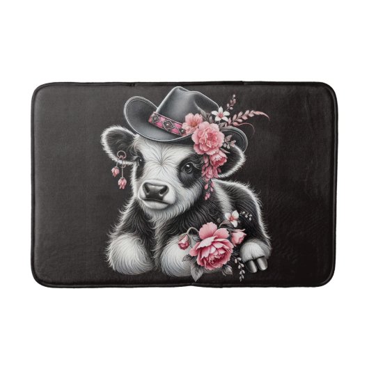 Tapis De Bain Vache bébé dans un Casquette élégant orné de fleur (Devant)