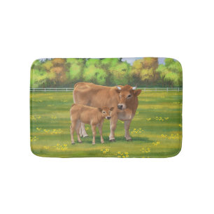 Tapis De Bain Vache d'Aubrac et veau mignon dans le pâturage de