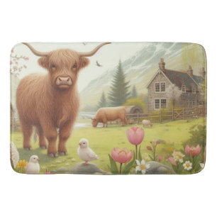 Tapis De Bain Vache des hautes terres mignonne, florale/printani