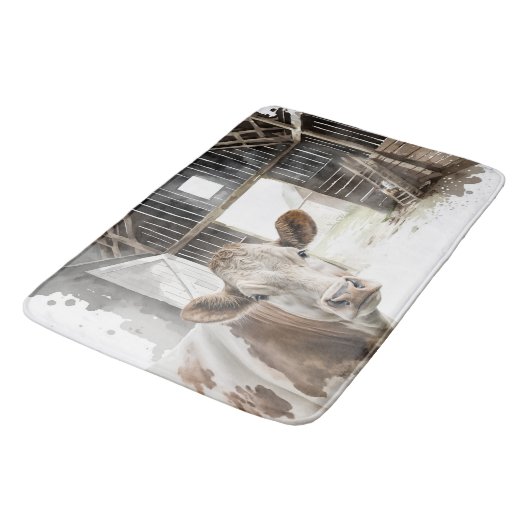Tapis De Bain Vache Hereford et coq en Grange (Angle)