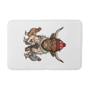 Tapis De Bain Vache Highland et poulets de Noël Gravure vintage