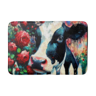Tapis De Bain Vache Holstein Clôture à Piquets Roses Rouges Noir