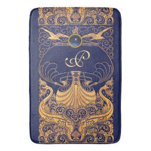 Tapis De Bain Vaisseau antique, Dauphins, Or, Monogramme bleu ma