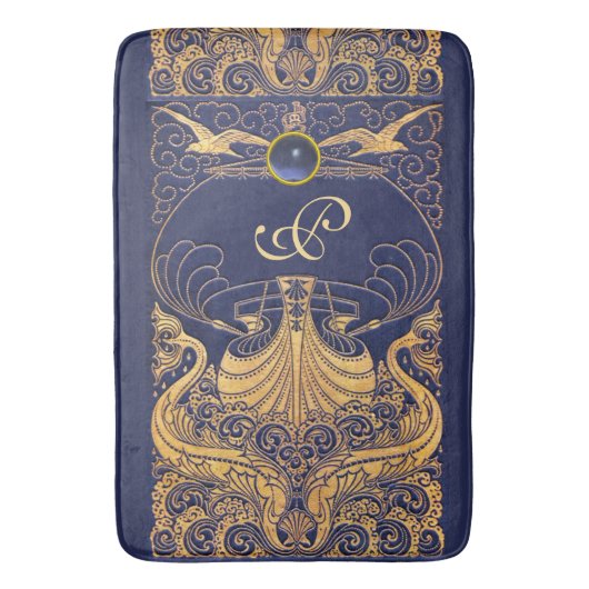 Tapis De Bain Vaisseau antique, Dauphins, Or, Monogramme bleu ma (devant Vertical)