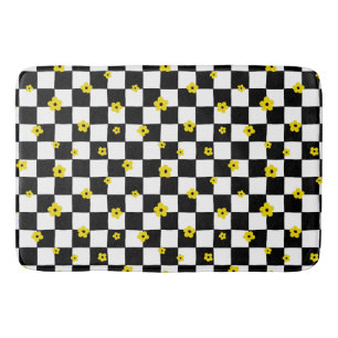 TAPIS DE BAIN VÉRIFICATIONS NOIRES ET BLANCHES AVEC FLEURS JAUNE