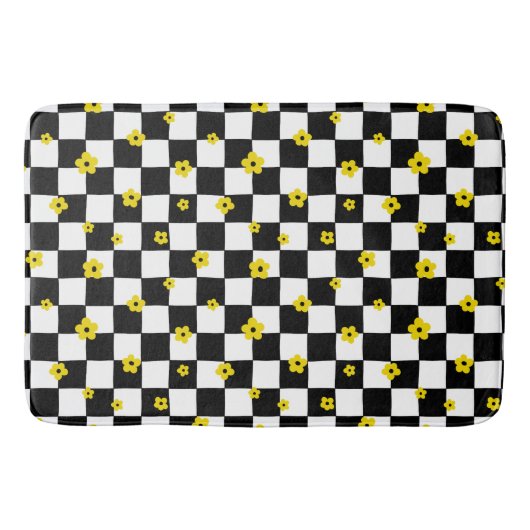 TAPIS DE BAIN VÉRIFICATIONS NOIRES ET BLANCHES AVEC FLEURS JAUNE (Devant)