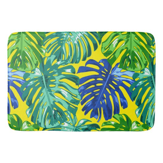Tapis De Bain Vert Bleu Jaune été Feuilles tropicaux (Devant)