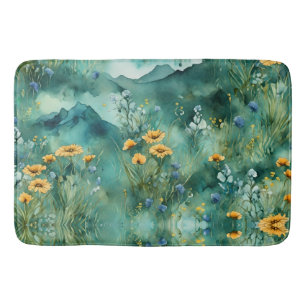 Tapis De Bain Vert doux paysage aquarelle fleurs sauvages
