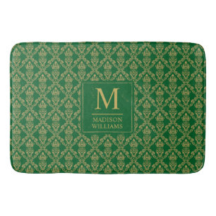 Tapis De Bain Vert émeraude et or, motif damassé sans couture