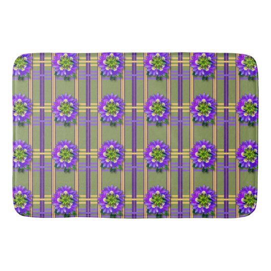 Tapis de bain vert mousse avec fleurs violettes (Devant)