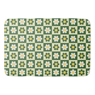 Tapis De Bain Vert sauge rétro et damier de marguerites crème
