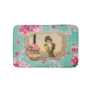 Tapis De Bain Vert vintage de menthe de beauté et floral rose