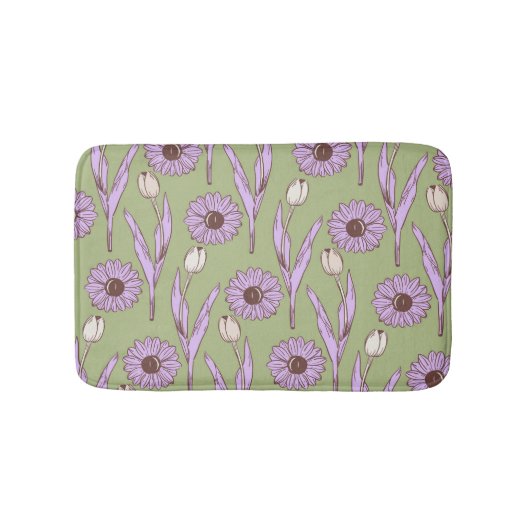 Tapis De Bain Vert violet rétro Y2K Funky Hippie Flower Motif (Devant)