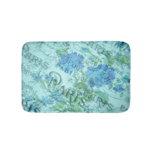 Tapis De Bain Vintage Blue Floral French Paris Postmark Motif