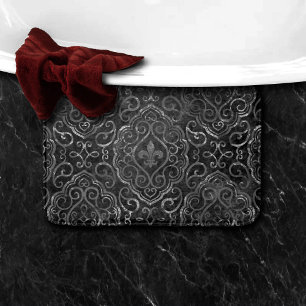 Tapis De Bain Vintage Fleur de Lis   Black Silver Grunge Damask