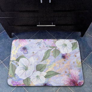 Tapis De Bain Vintage floral bleu violet or aquarelle script