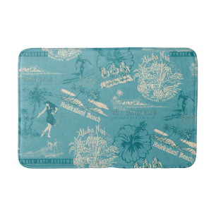 Tapis De Bain Vintage Hawaiian Travel Collage en Turquoise