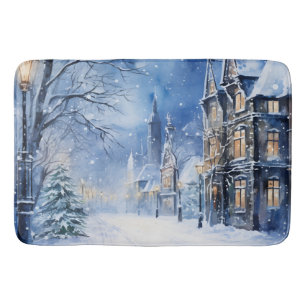 Tapis De Bain Vintage Village Tempête de neige la nuit