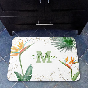 Tapis De Bain Vitrage floral Tropical Or Blanc Script