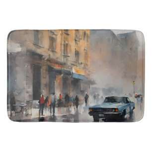 Tapis De Bain Voiture bleue vintage à Foggy Cityscape