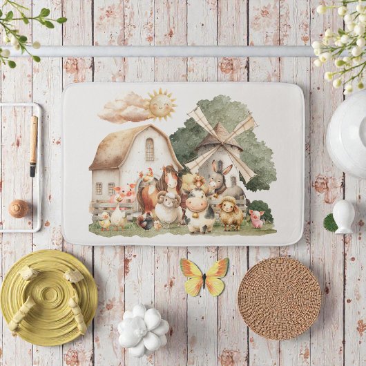 Tapis De Bain Watercolor Whimsical Farm Animals