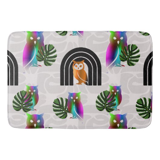Tapis De Bain Whimsical Boho Owl & Tropical Monstera Leaf (Devant)