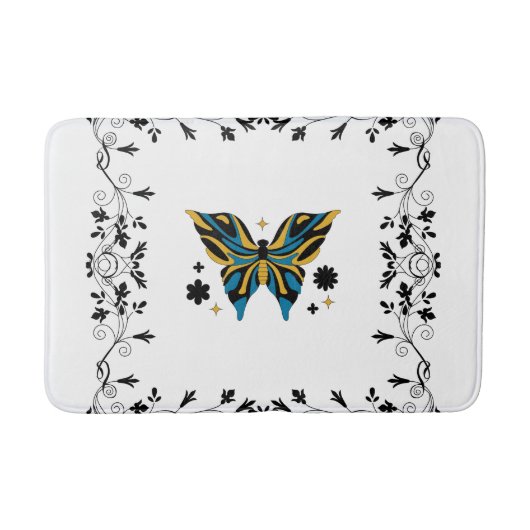 Tapis De Bain Whimsical Fluttering Black and White Butterfly (Devant)