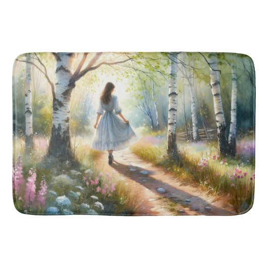 Tapis De Bain Whimsical Girl Dancing Through Birch Forest (Devant)