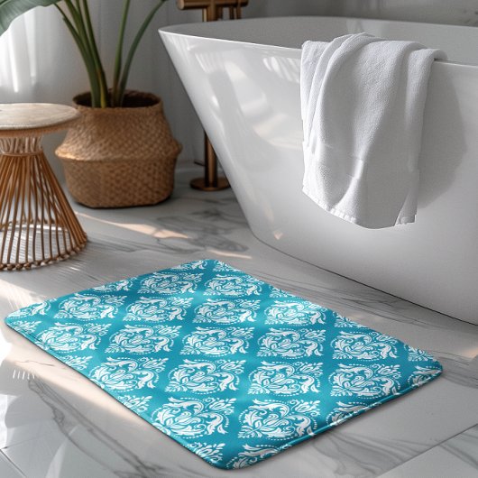 Tapis De Bain White & Blue Floral Damasks Pattern