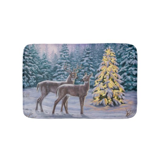 Tapis De Bain Whitetail Deer & Christmas Tree Scene hivernale (Devant)