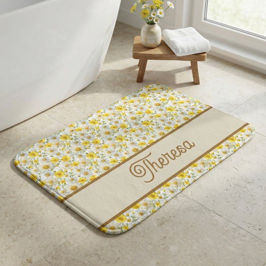 Tapis De Bain Yellow Wildflowers Pattern Monogram Name