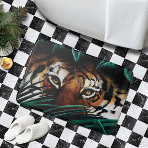 Tapis De Bain Yeux de Tigre de la Jungle Verte Intense Feuillage