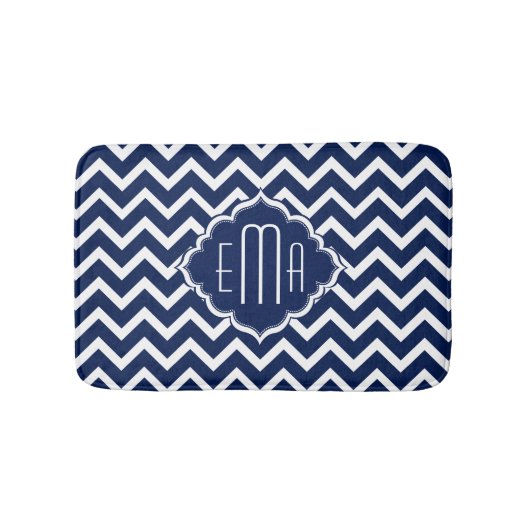 Tapis De Bain Zigzag géométrique bleu et blanc monogramme Chevro (Devant)