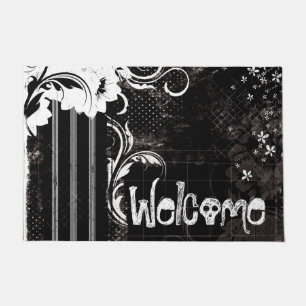 Tapis de bienvenue crâne fleur noir blanc