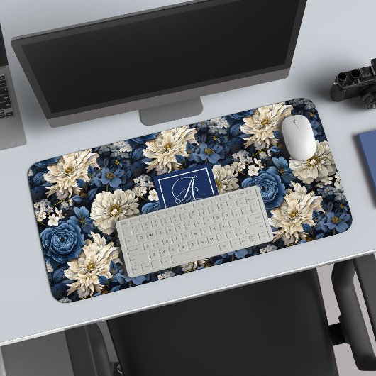 Tapis de bureau à fleurs blanches bleues de luxe a