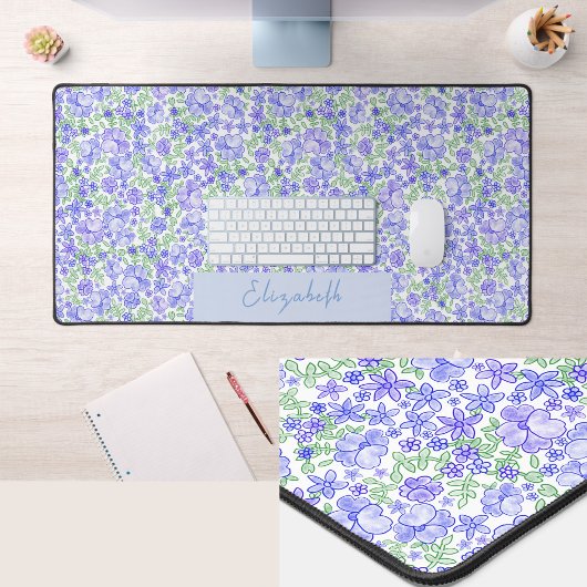 Tapis de bureau à fleurs bleu et vert avec nom per