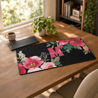 Tapis de bureau à monogramme aquarelle rose, cadea